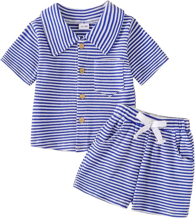 Baby Boy Clothes Toddler Summer Outfits Cute Striped Short-Sleeve Shirt + Bow Pocket Shorts Set 2... | Amazon (US)