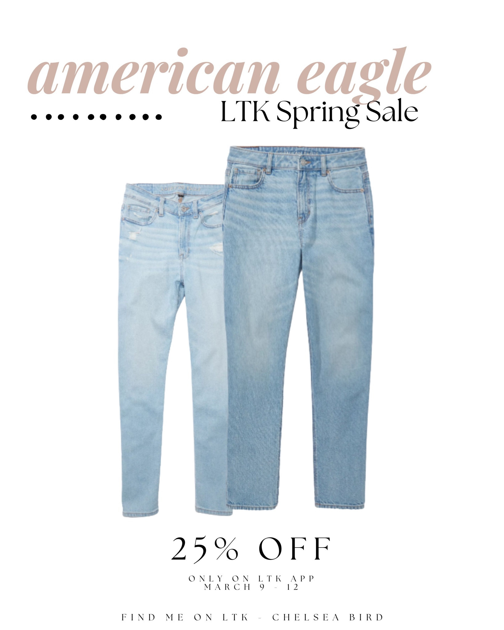 You seriously need to try these jeans from AE!! ☀️ 

Right now you can get 25% off from March 9-12 using my codes!

These are super comfy and perfect for freshening up your spring wardrobe! 🙌🏽✨

American eagle jeans 
Ae jeans 
Ltk sale 
Spring sale 

#LTKSale #LTKstyletip #LTKsalealert