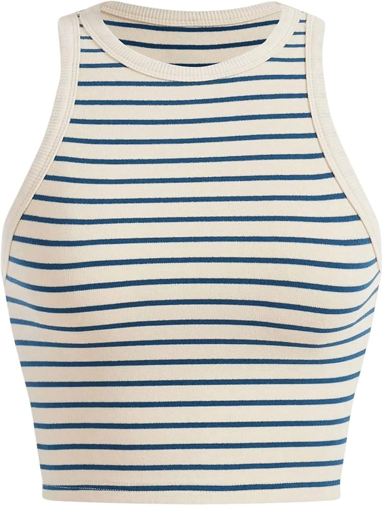 WDIRARA Women's Striped Tank Top Sleeveless Crew Neck Slim Fitted Ribbed Basic Summer Crop Tops | Amazon (US)