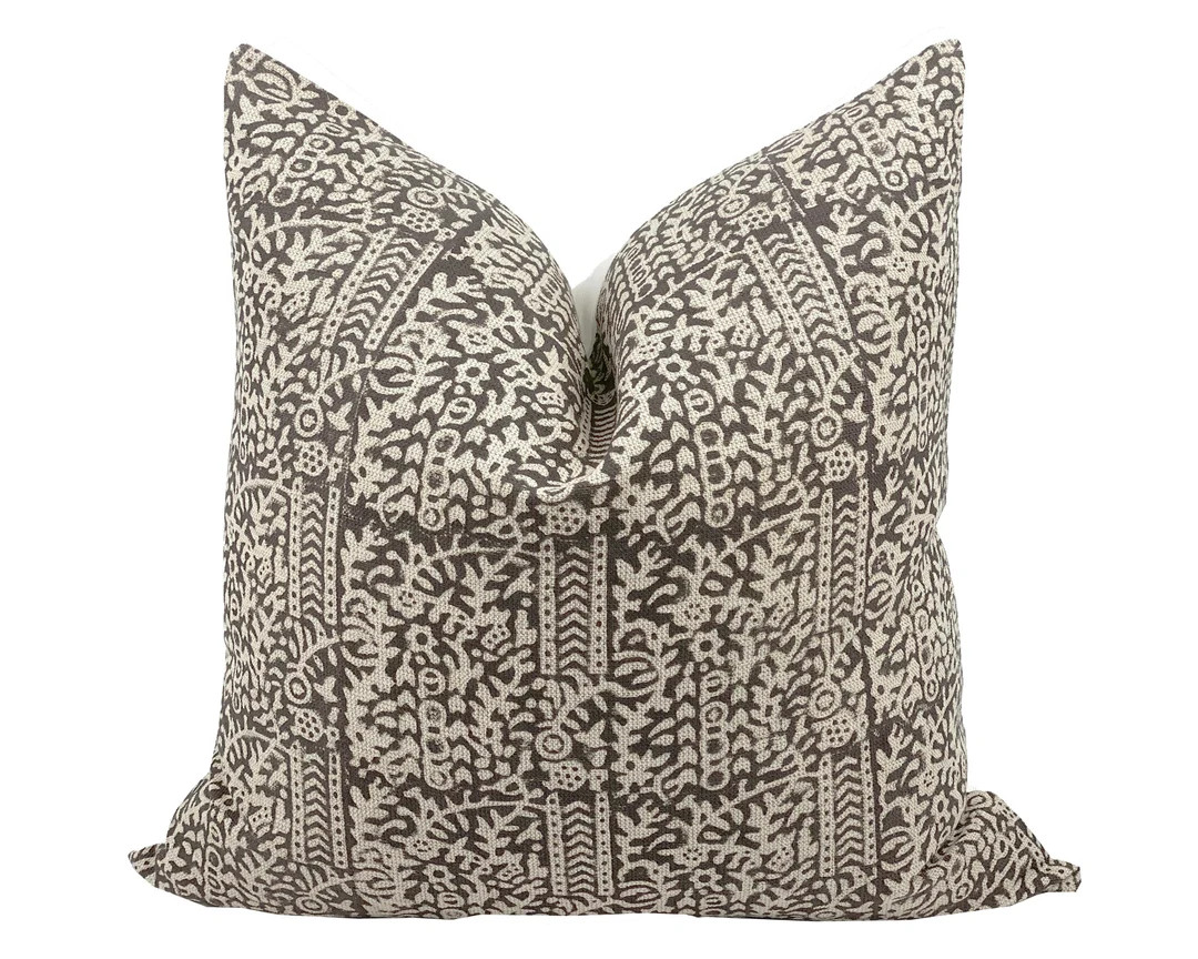 EBONY  Designer Black Cream Floral Linen Pillow Cover Block - Etsy | Etsy (US)