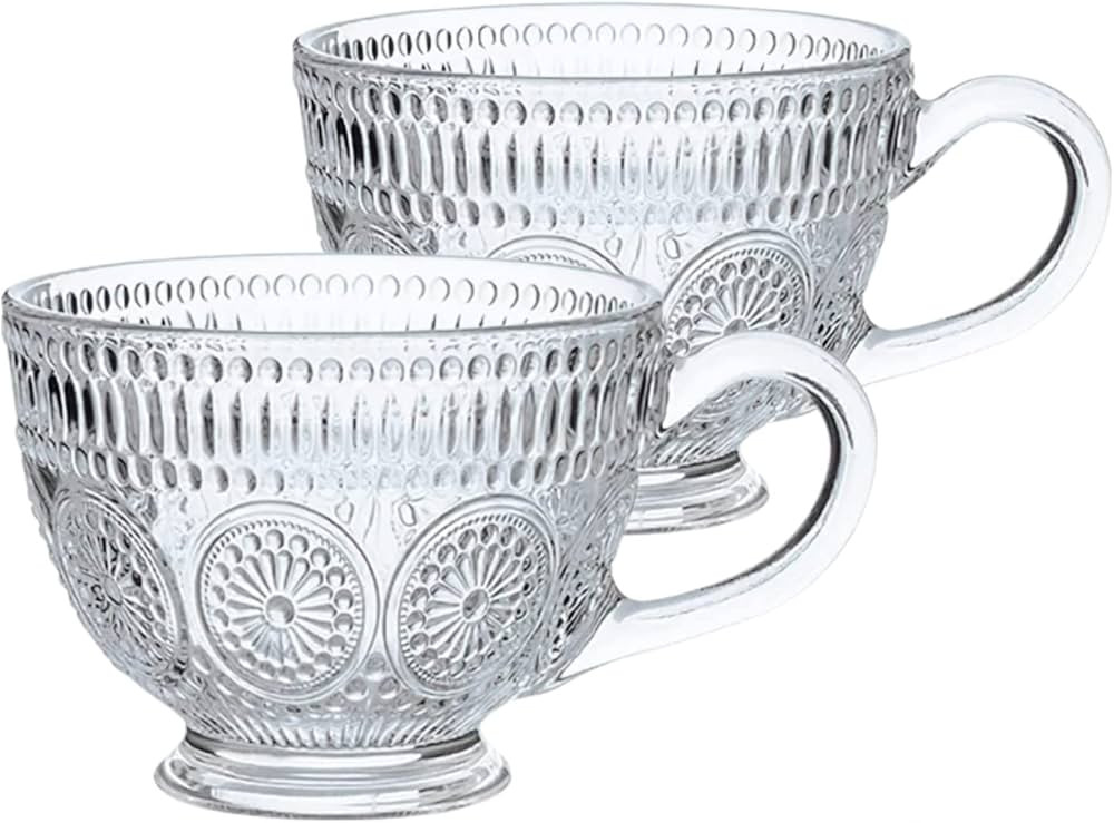 Bandesun Vintage Glass Coffee Mugs Tea Cups, 14 Oz Set of 2 Embossed Glassware with Handle, for C... | Amazon (US)