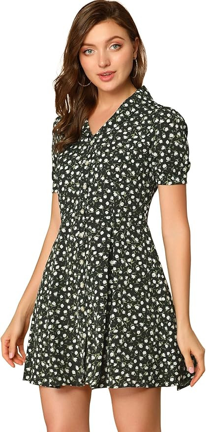 Allegra K Women's Floral Shirt Dress 2024 V Neck Short Sleeve Button Front Shirtdress Summer Dres... | Amazon (US)