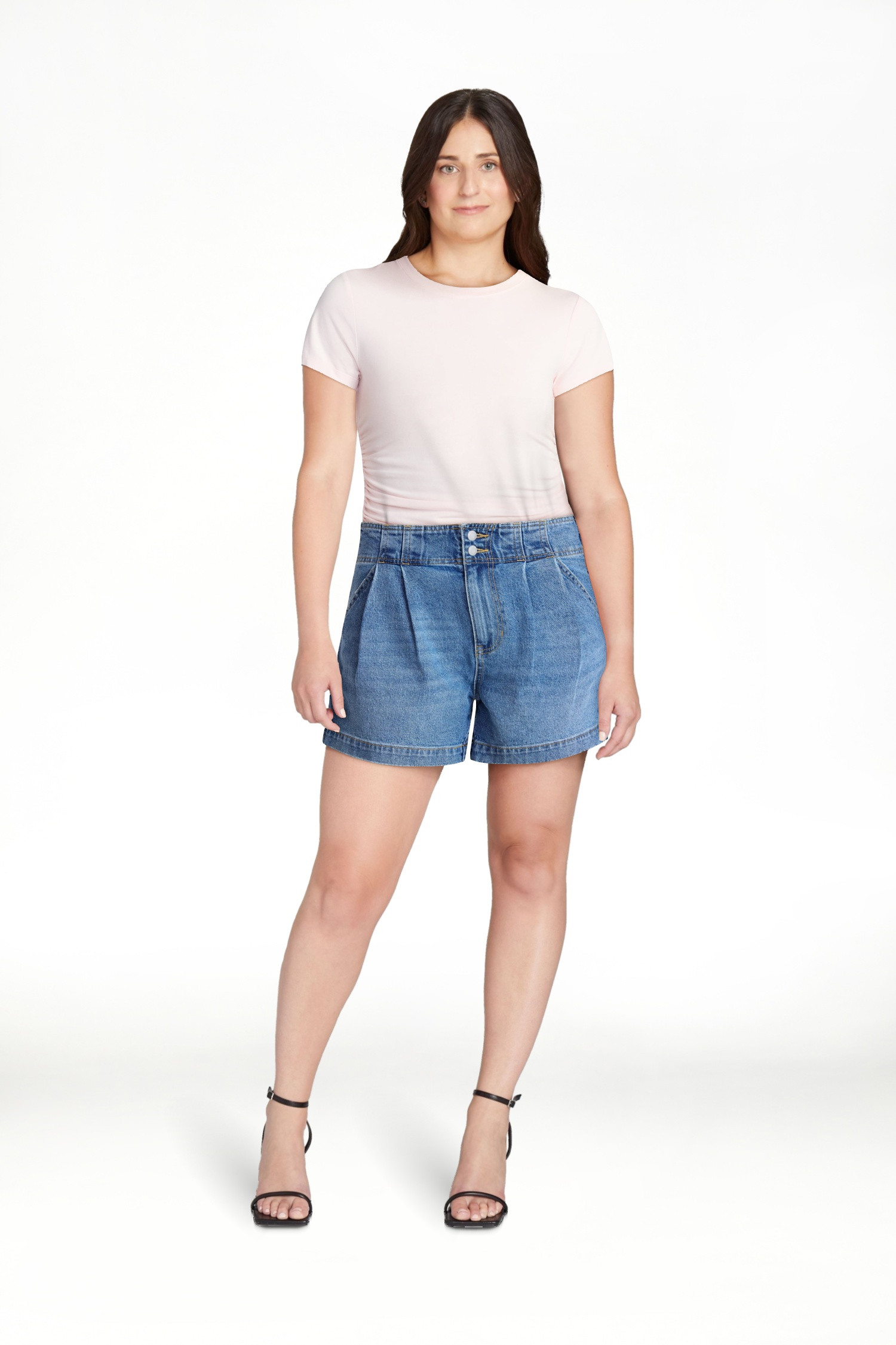 Time and Tru Women's High Rise Pleated Denim Shorts, 4.5" Inseam, Sizes 0-20 | Walmart (US)