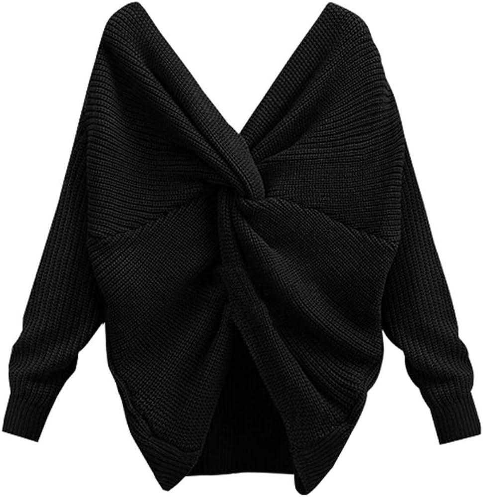 YEKEYI Women's V-Neck Back Criss Cross Knitted Sweaters Long Sleeve Jumper Crop Tops | Amazon (US)