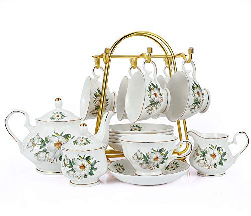 CHENP.HMC Porcelain Tea Set Tea Cup Set 22-Piece Porcelain Ceramic Coffee Tea Gift Sets Cups Saucer Service for 6 Teapot Sugar Bowl Creamer Pitcher and Teaspoons tea pot sets(Camellia) | Amazon (US)