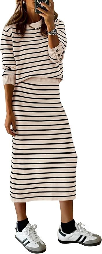 PRETTYGARDEN Women's 2 Piece Striped Sweater Sets Fall Long Sleeve Knit Pullover Pencil Skirts Ma... | Amazon (US)