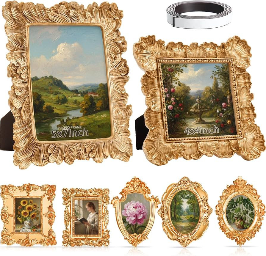 7 Pcs Vintage Resin Picture Frames Set Antique Gold Mini Photo Frames Small Baroque Oval Rectangl... | Amazon (US)