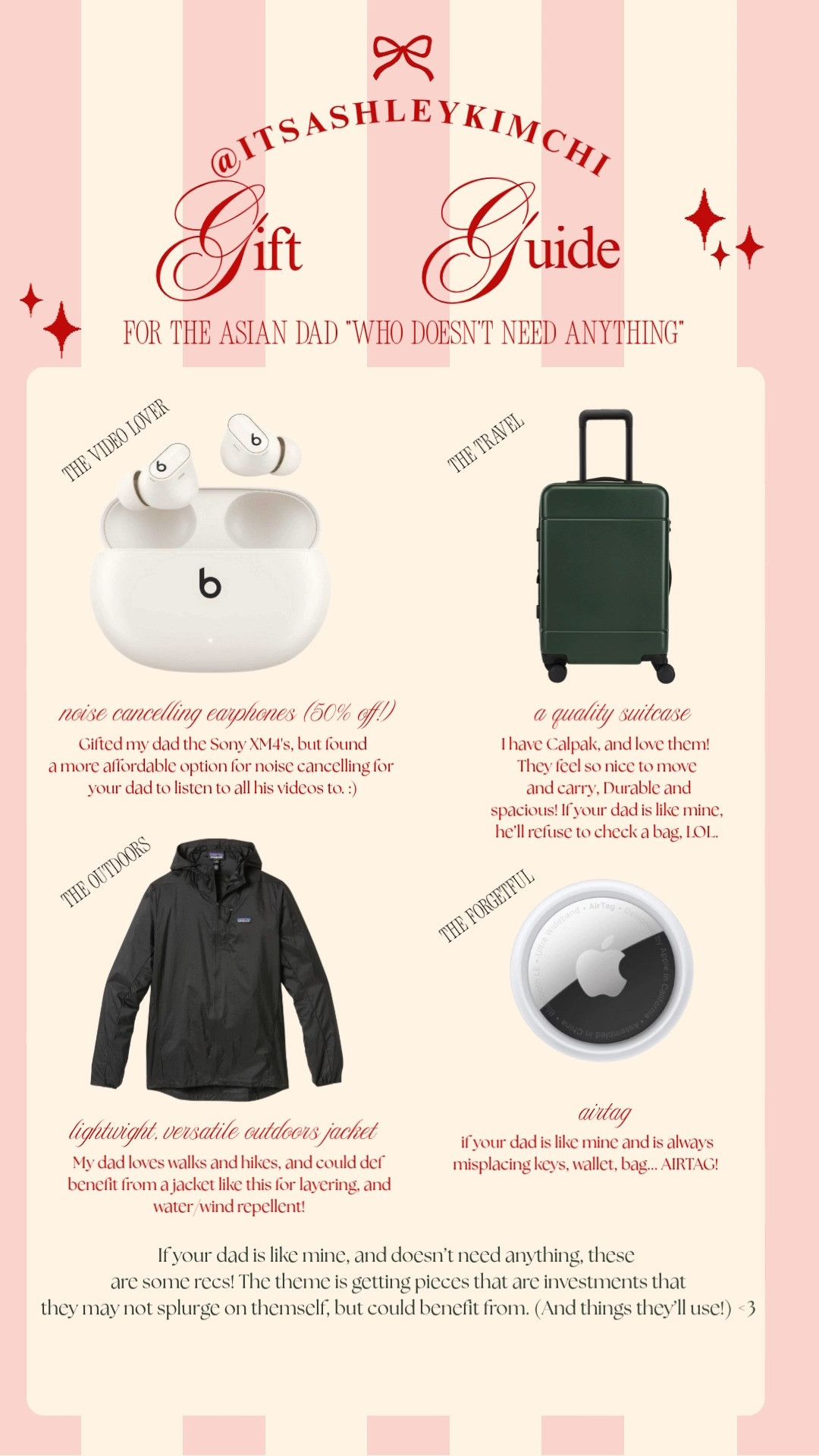 Gifts for the Asian Dad who has everything, or doesn't need anything! 

Most is just elevating staples into quality pieces, if your dad is like mine and bought something once over ten years ago that may not be the best quality. But also, I tried to choose things that are functional and practical! 

Gifts for dads, gifts for dads who have everything, gifts for dad who don't need anything, gifts for asian dads, christmas gifts for dads 

 

#LTKGiftGuide #LTKMens