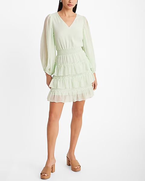 Polka Dot V-Neck Long Sleeve Tiered Smocked Waist Mini Dress | Express