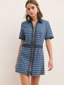 Nöista Short Checkered Dress With Short Sleeves And A Shirt Collar. Features A Visible Front Zip... | SHEIN