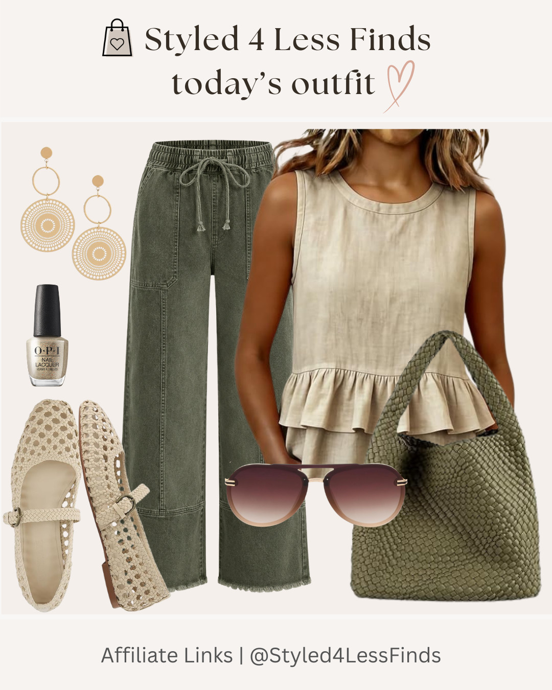Easy, elevated, and effortlessly chic! This olive utility pant paired with a soft peplum top creates the perfect balance of comfort and style. Finish the look with woven flats, a textured tote, and simple gold accessories for an outfit that works for brunch, errands, lunch dates, or casual Fridays.

✨ Style Tip: Pair olive bottoms with soft neutrals like ivory, cream, or beige to create a polished, expensive-looking outfit. Add woven textures and gold jewelry for a timeless finishing touch. 

 #LTKcanada #LTKsummer #LTKover50style