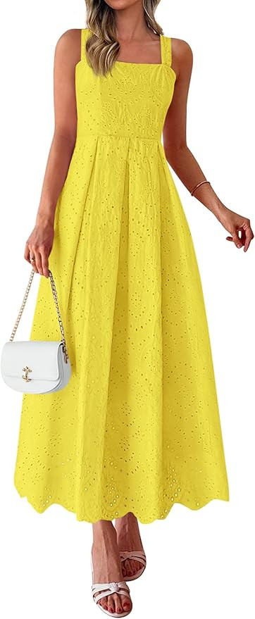 PRETTYGARDEN Womens Sleeveless Maxi Summer Dresses 2026 Hollow Out Eyelet Square Neck Ruffle Flow... | Amazon (US)