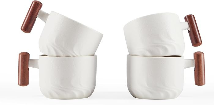 CLASGLAZ 6oz Ceramic Espresso Cups with Wooden Handle, Small Coffee Cups for Latte Cappuccino, Te... | Amazon (US)
