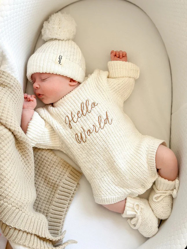 Hello World Romper | Newborn Knit Romper | Gathered Lamb | Gathered Lamb