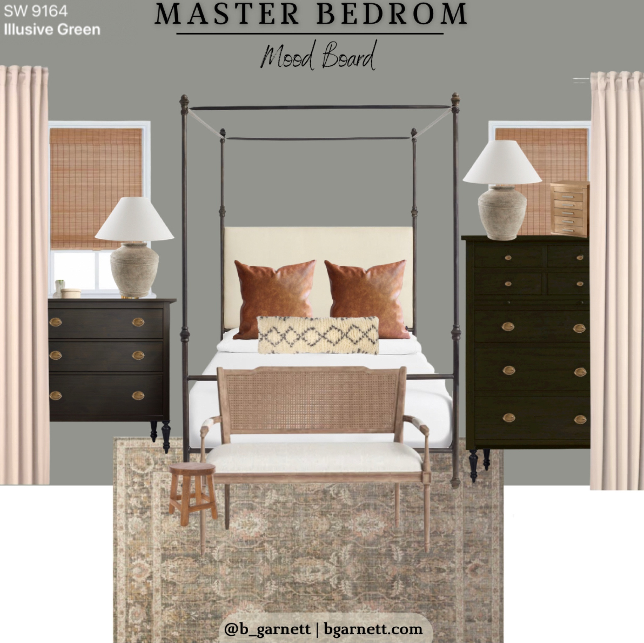 Starting to think of her hauling our Master Bedroom. First draft of an inspo / mood board 

Going for moody and classic with a ton of storage. 

Larger nightstand is IKEA Hemnes 

Paint is Sherwin Williams “Illusive Green"

#LTKhome #LTKfamily #LTKFind