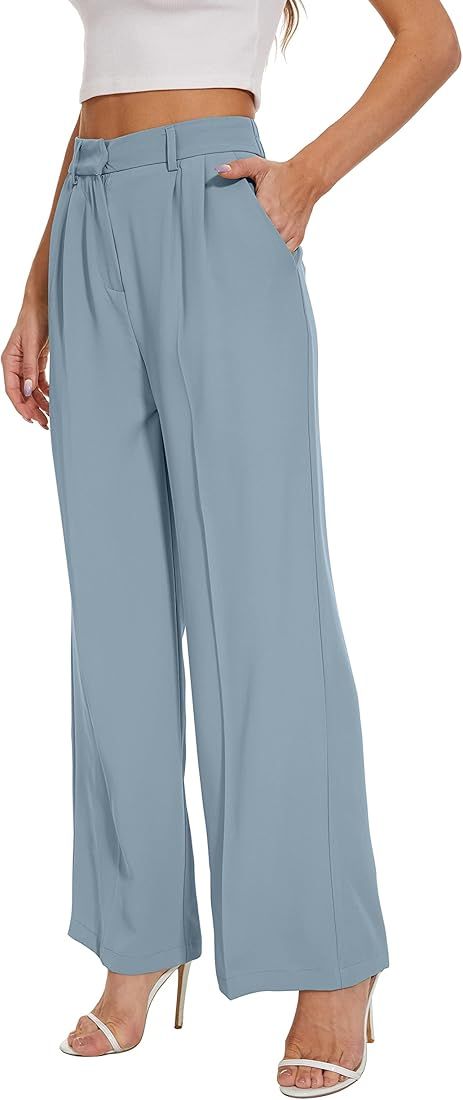 FUNYYZO Women's Wide Leg Pants High Elastic Waisted in The Back Business Work Trousers Long Strai... | Amazon (US)