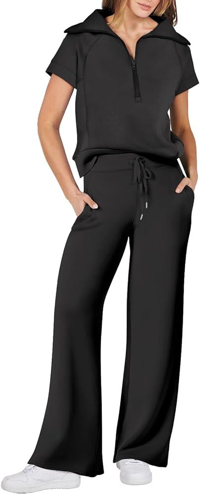 ANRABESS Women’s 2 Piece Outfits 2024 Summer Sweatsuits Half Zip Wide Leg Tracksuit Casual Swea... | Amazon (US)