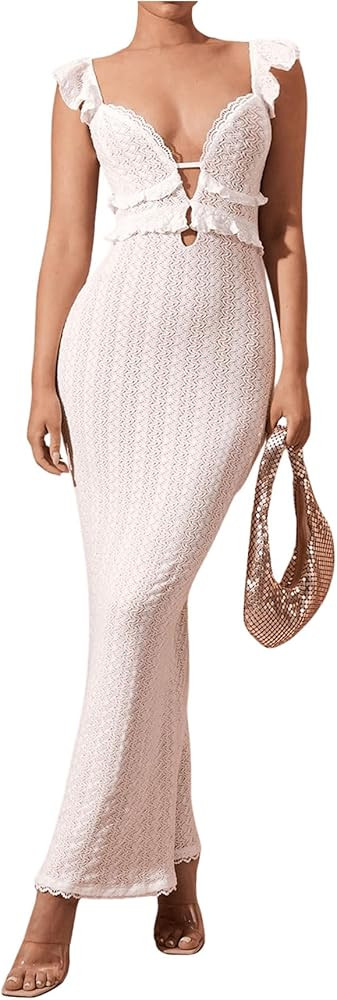 SOLY HUX Women's Maxi Dress Crochet Ruffle Sleeveless Backless Bodycon Long Dresses | Amazon (US)