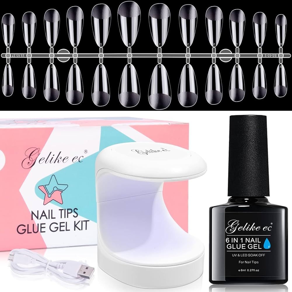 Gelike EC Soft Gel Nail Tip and Glue Gel Kit, Resin Gel X Nail Tips with Full Cover and Etched, A... | Amazon (US)