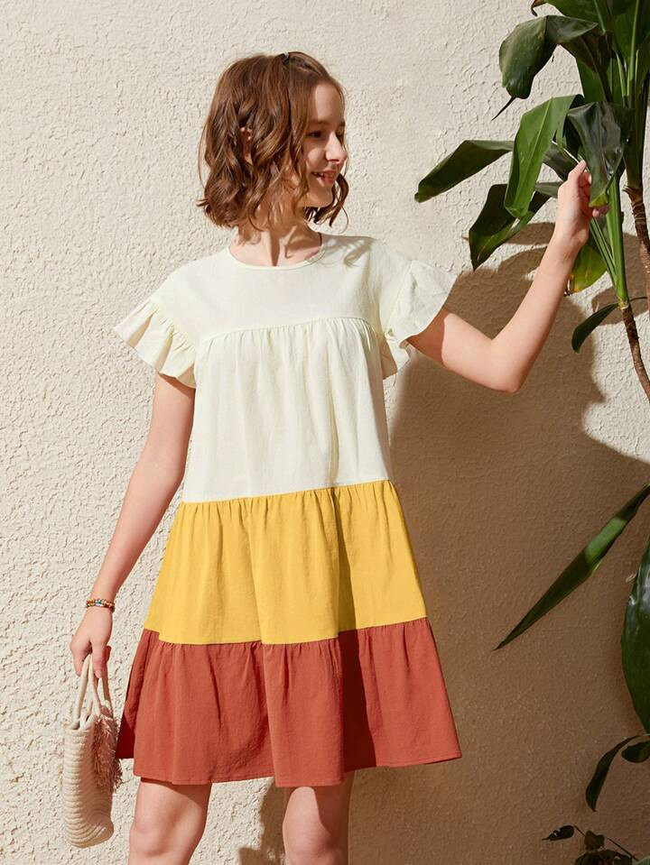 SHEIN Teen Girls Colorblock Ruffle Hem Smock Dress | SHEIN