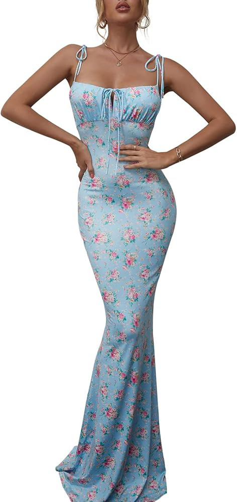 KUTUMAI Women's Summer Floral Bodycon Maxi Dress Spaghetti Strap Sleeveless Boho Long Dresses | Amazon (US)