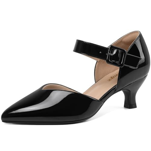 RIBONGZ Black Patent Comfort Kitten Heels Prom Low Heels for Women Closed Pointed Toe Slip on Ankle Strap Buckle Pumps Church Wedding Bridal Working Dressy Shoes 7 | Amazon (US)