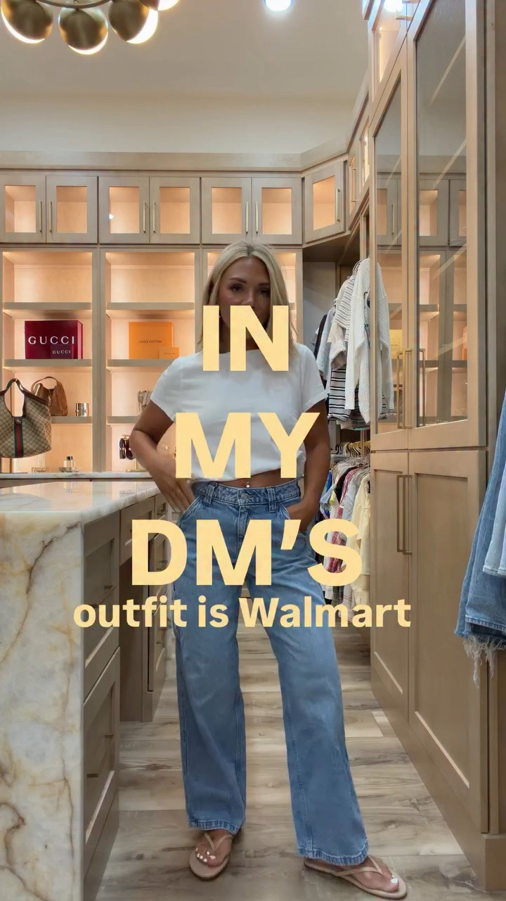 Type SHOP for the links to this $6 cotton white tshirt & these jeans that are now only $21 !! The perfect tshirt or top under tuck #walmart #tshirt #denimjeans #momjeans