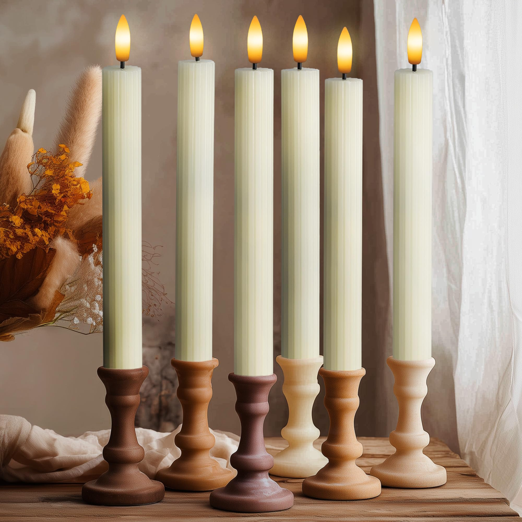 6 Pack, 10" LED Flameless Ivory Fluted Ribbed Grooved Taper Candles, Remote & 24h Timer Memory, O... | Amazon (US)