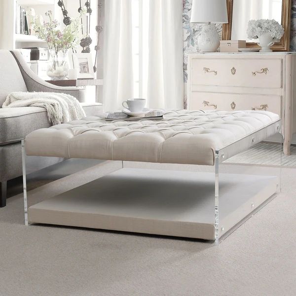 Sophia Velvet Oversized Button Tufted Acrylic Sided Cocktail Ottoman - Cream White | Bed Bath & Beyond