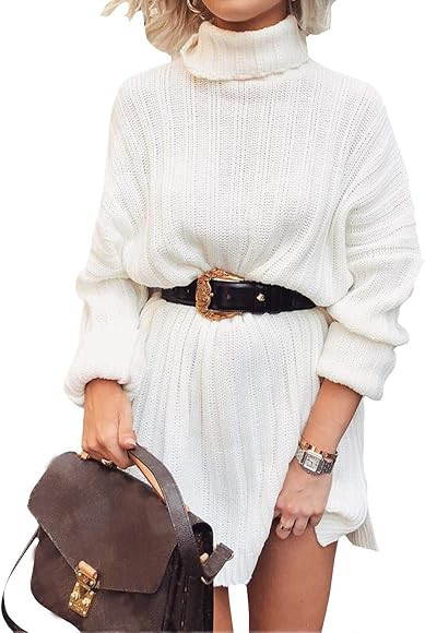 Womens Long Sleeve Turtleneck Jumpers Casual Knitted Dress Sweater Dress Pullover | Amazon (UK)