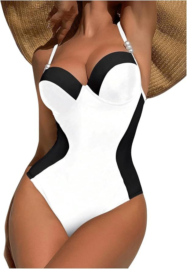 WDIRARA Women's Color Block Pearls Push Up One Piece Swimsuit Monokini Bathing Suit | Amazon (US)