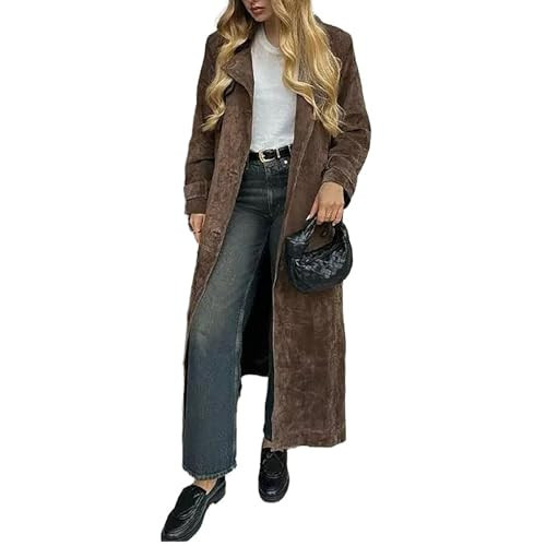 Women's Faux Suede Long Trench Jacket Vintage Suede Long Trench Coat Lapel Suede Button Belted Outwear | Amazon (US)