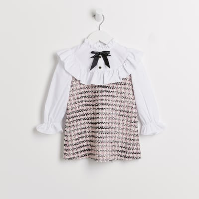 Mini girls pink boucle collar bow dress | River Island (UK & IE)