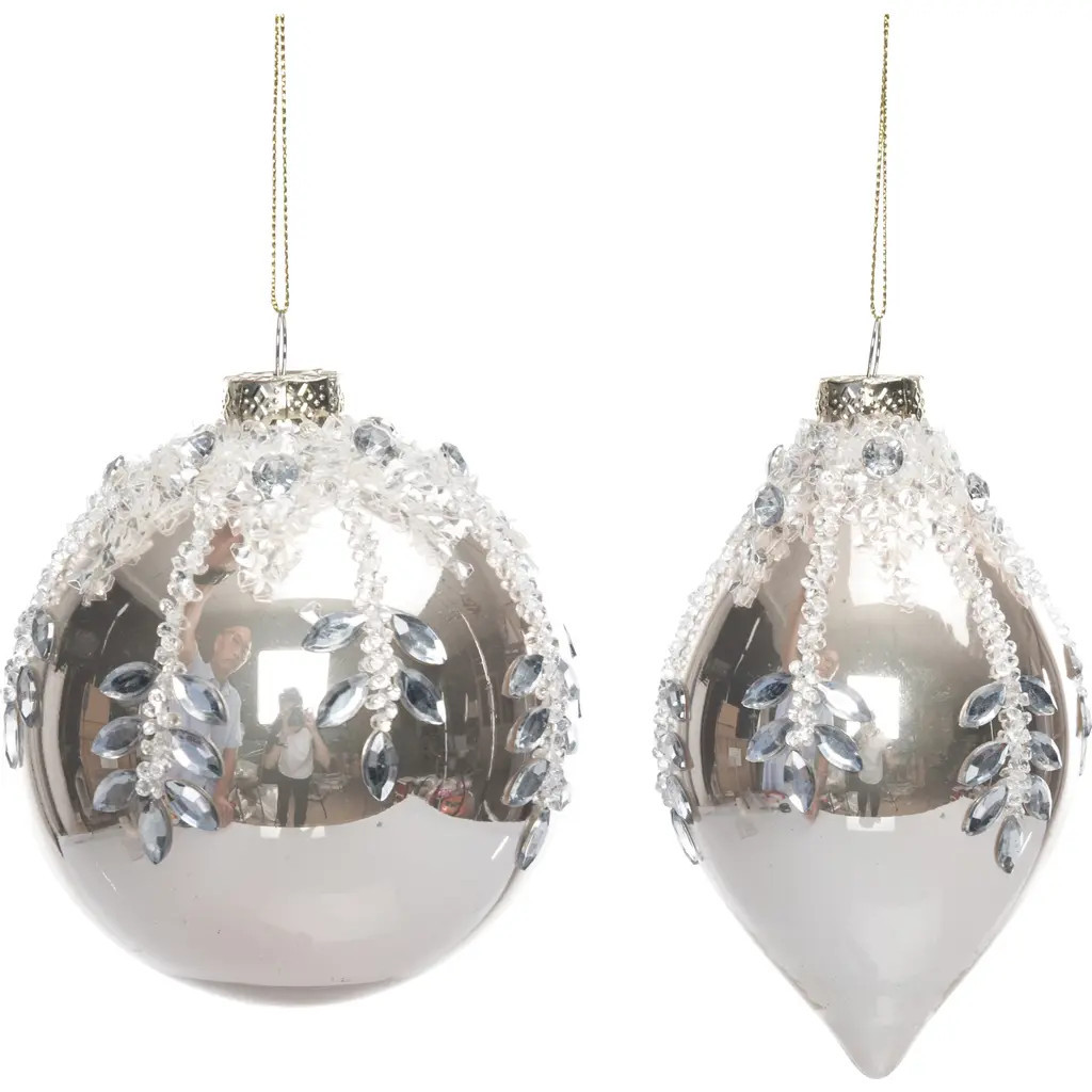 Transpac Glass Gold Ornament with Jewel Detail Set of Two Christmas Decor in Metallic Silver at Nordstrom | Nordstrom
