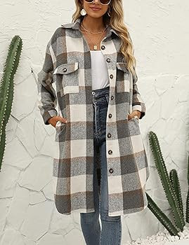 SeekMe Women's Long Plaid Shirt Jacket Shacket Lapel Button Down Woolen Blend Casual Tartan Over ... | Amazon (US)