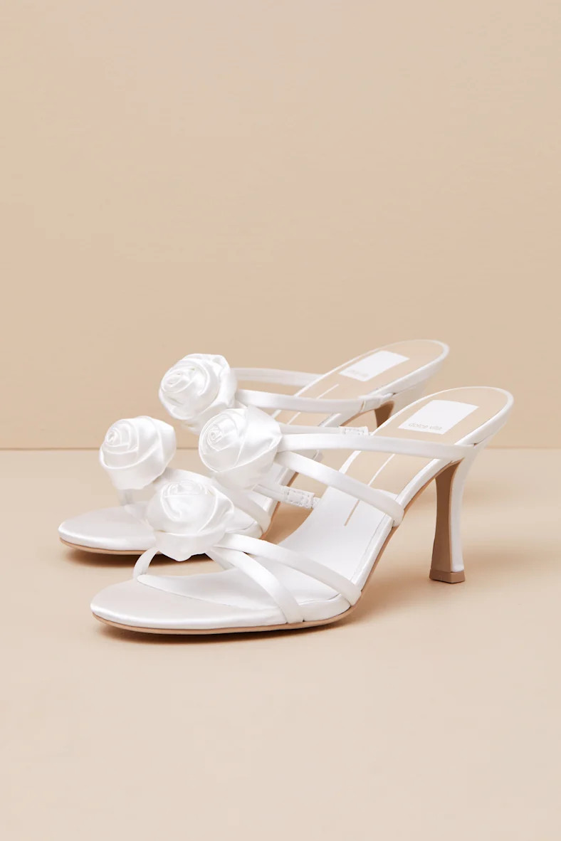 Linzy True White Satin Rosette High Heel Slide Sandals | Lulus