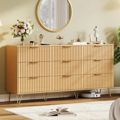 9-Drawer Fluted Dresser, Wooden Construction, 63" Wide Storage Chest with Metal Handles, Modern Bedroom & Living Room Furniture, Natural | Wayfair North America