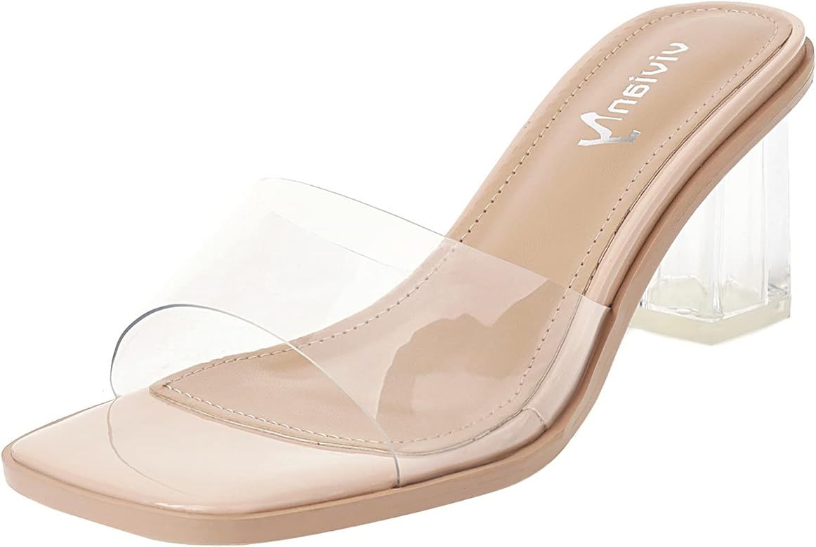 vivianly Womens Clear Heels Sandals Transparent Chunky Heels Backless Open Toe Slip on Mules Heeled  | Amazon (US)