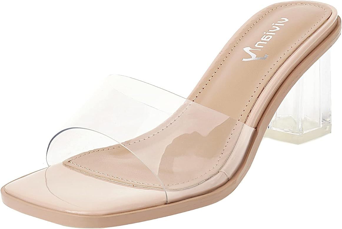 vivianly Womens Clear Heels Sandals Transparent Peep Toe Mules Backless Stiletto High Heels Slip ... | Amazon (US)