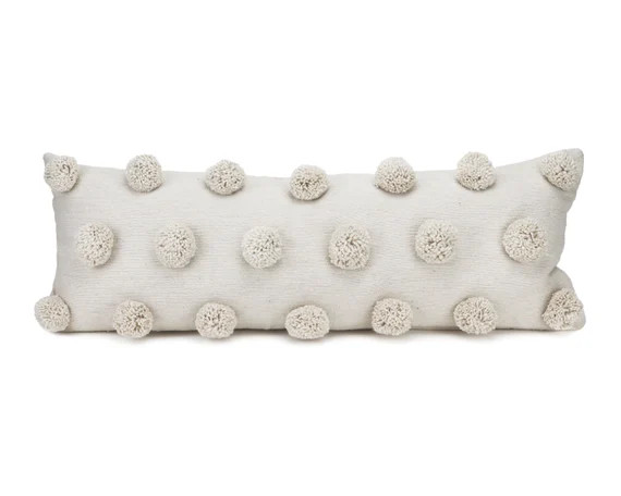 14" x 36" Cream Long Lumbar Pillow Cover With Polka dot Pom Poms - Handwoven - Handmade - Morocca... | Etsy (US)