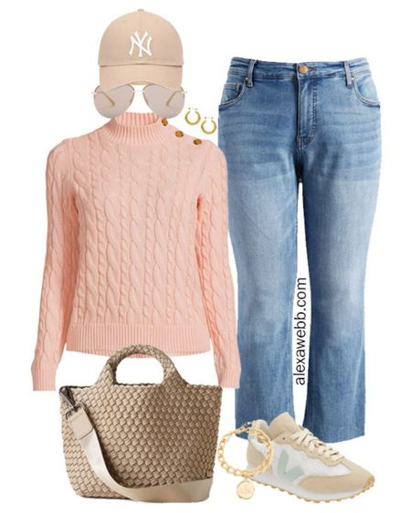 Plus Size Jeans and Sneakers Outfits - A plus size casual outfit with kickflare jeans, a cable knit sweater, and Veja sneakers by Alexa Webb.

#LTKstyletip #LTKplussize