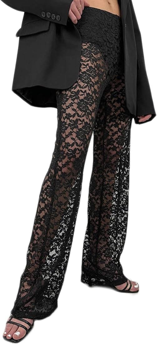 Women's Sexy See Through Lace Pants Transparent Sheer Mesh Straight Leg Pants Hollow Out Slim Tro... | Amazon (US)
