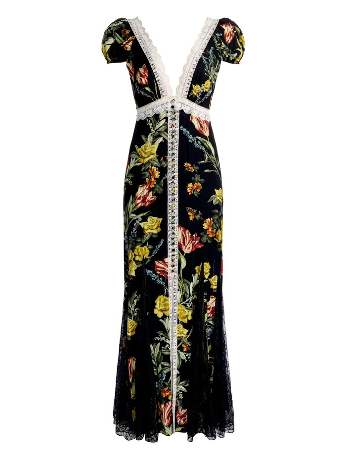 ROSE DEEP V LACE DTL MIDI DRESS in DESERT SPRIGS BLACK | ALICE + OLIVIA | Alice + Olivia