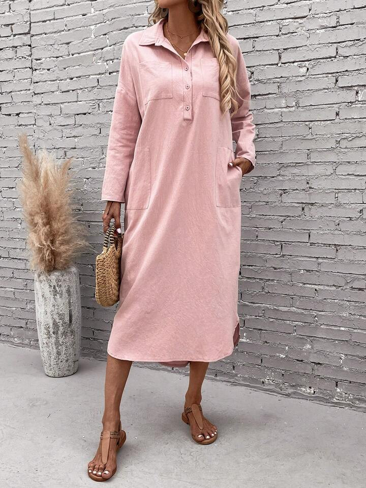 EMERY ROSE Solid Pocket Patched Half Button Dress | SHEIN