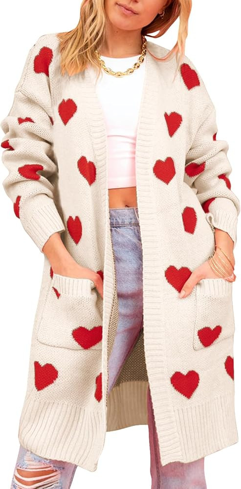 HOULENGS Women's Cute Heart Long Cardigan Sweaters V Neck Ribbed Knit Open Front Sweater Coats wi... | Amazon (US)