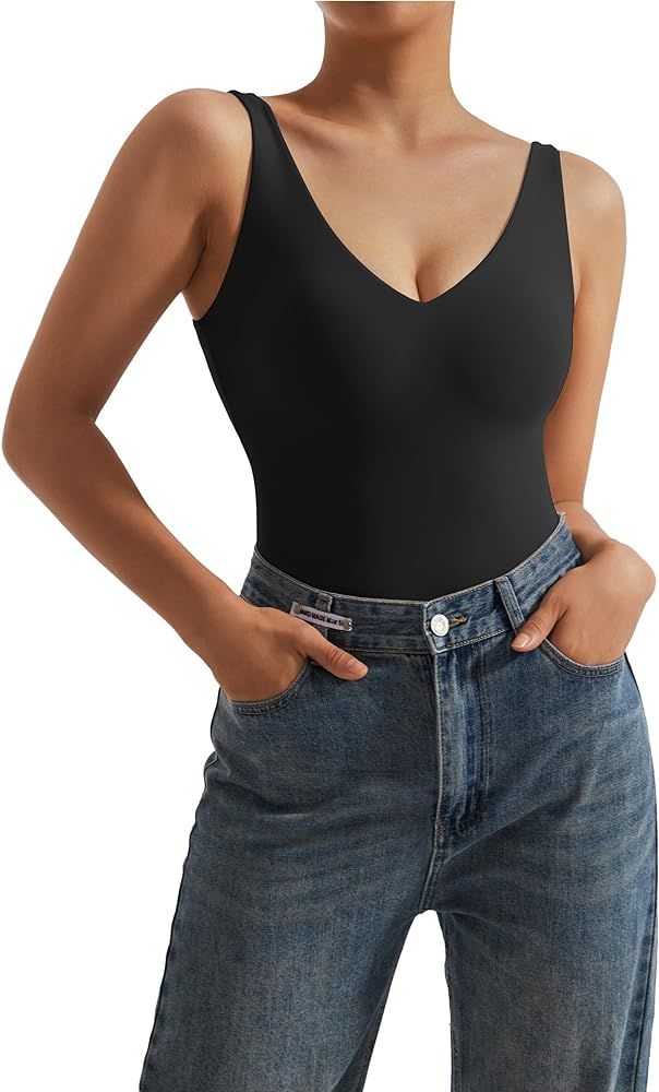 MOSHENGQI Women Sexy V Neck Bodysuit Backless Sleeveless Tank Tops Thong Body Suits | Amazon (US)