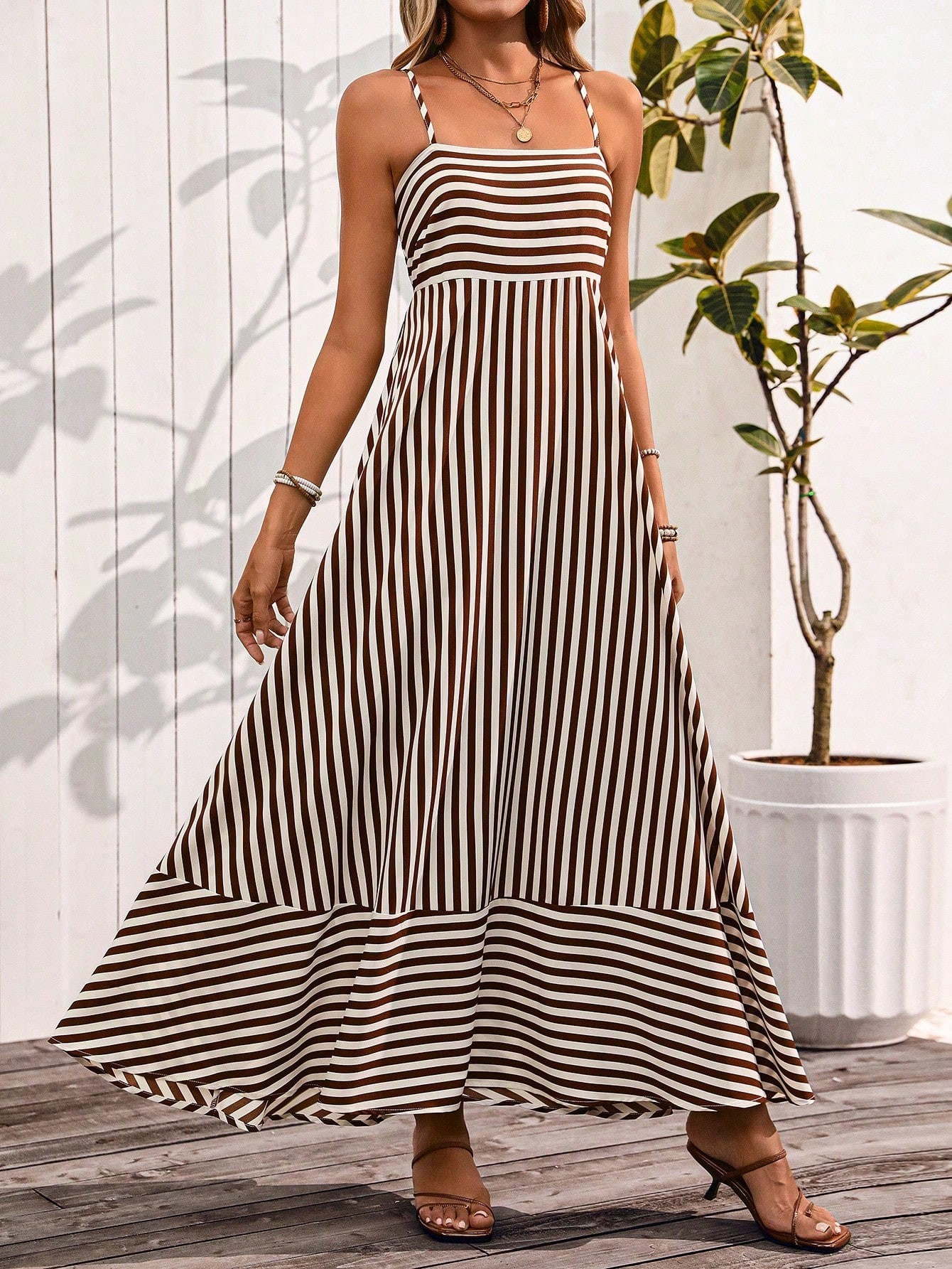 SHEIN VCAY Striped Patchwork Cami A-Line Maxi Dress For Women | SHEIN