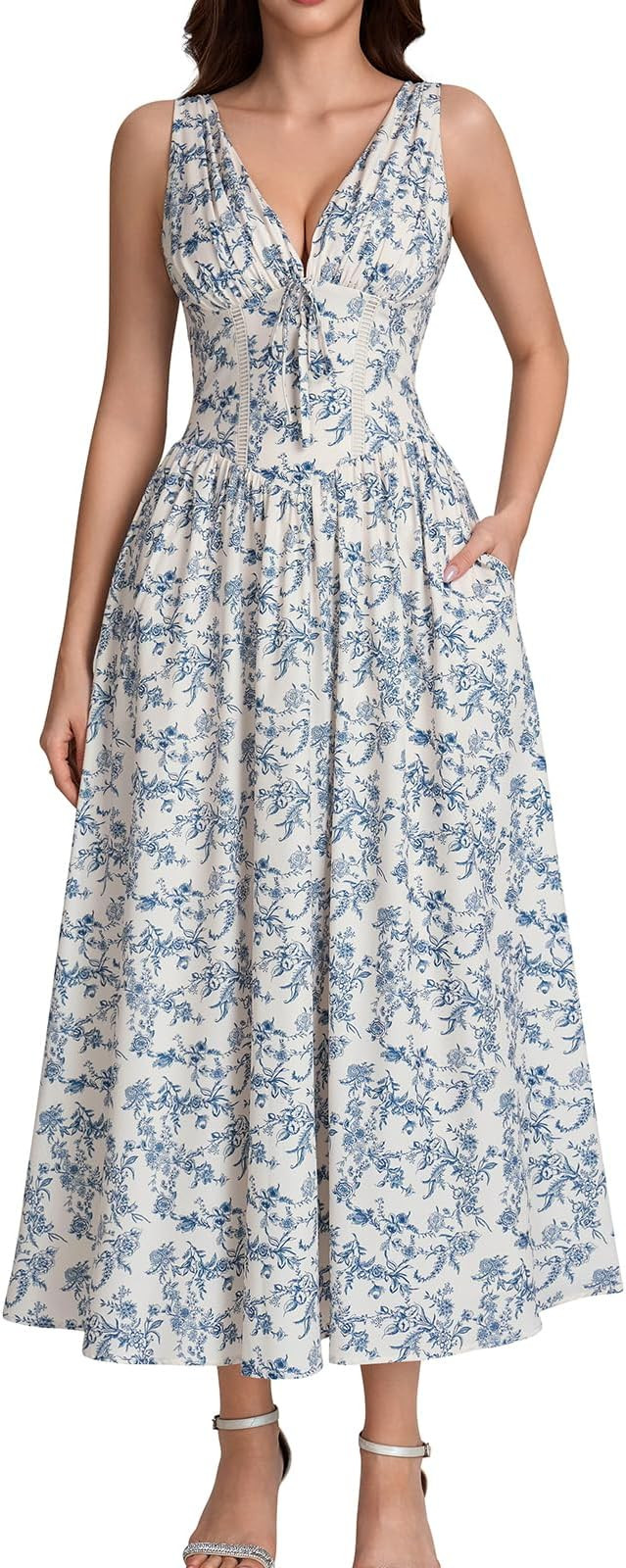 GLNEGE Womens Corset Wedding Guest Midi Dress Summer Floral Tea Party Flowy Dress V Neck Milkmaid... | Amazon (US)