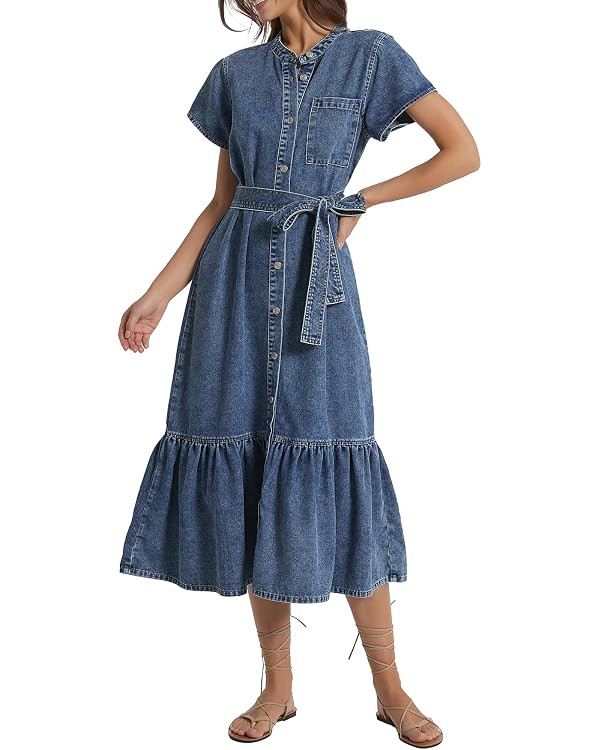 Kedera Summer Button Down Denim Shirt Dresses for Women Maxi Ruffle Short Sleeve Flowy Tiered Bea... | Amazon (US)