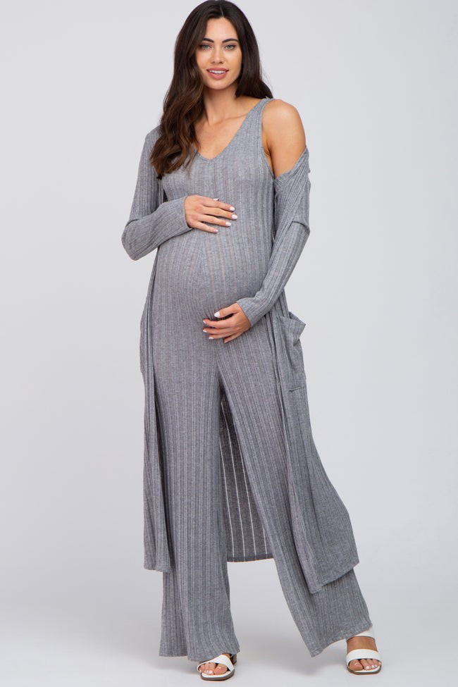 Grey Ribbed Soft Knit Maternity Jumpsuit Set | PinkBlush Maternity